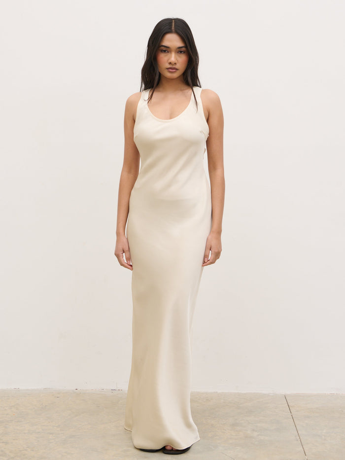 Candy Is 5'6" & Wears Size UK 8|Breya Sleeveless Slip Maxi Dress - Oyster