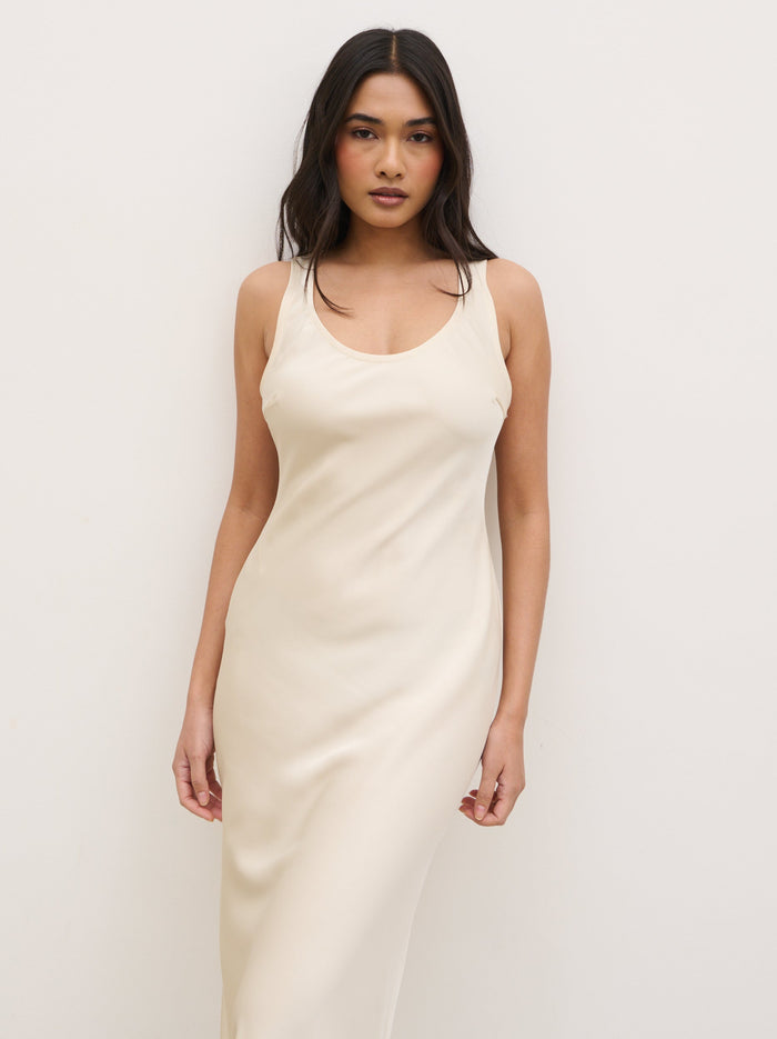 Candy Is 5'6" & Wears Size UK 8|Breya Sleeveless Slip Maxi Dress - Oyster