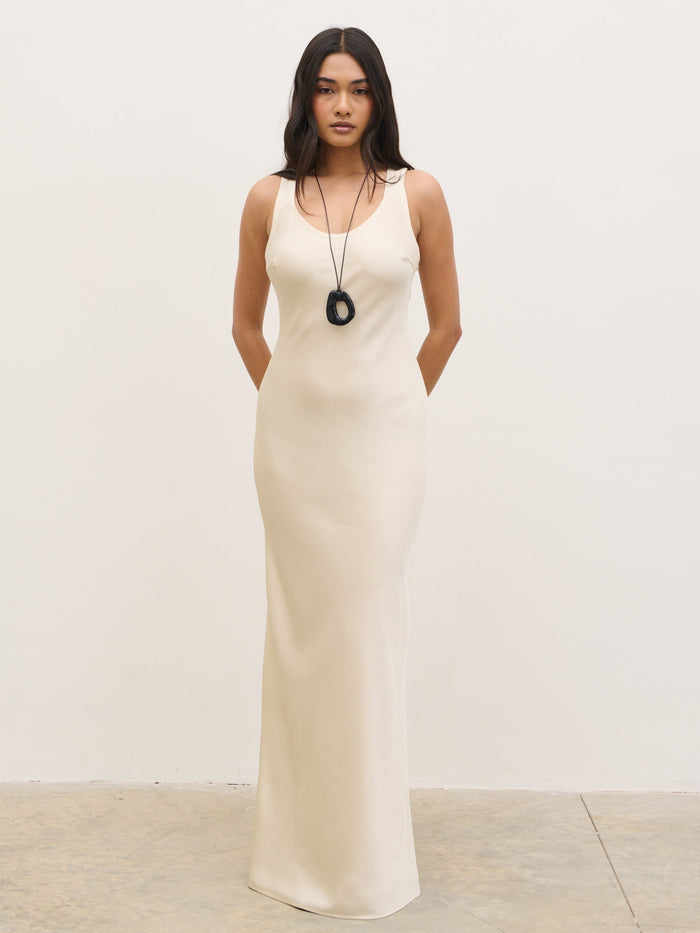 Candy Is 5'6" & Wears Size UK 8|Breya Sleeveless Slip Maxi Dress - Oyster
