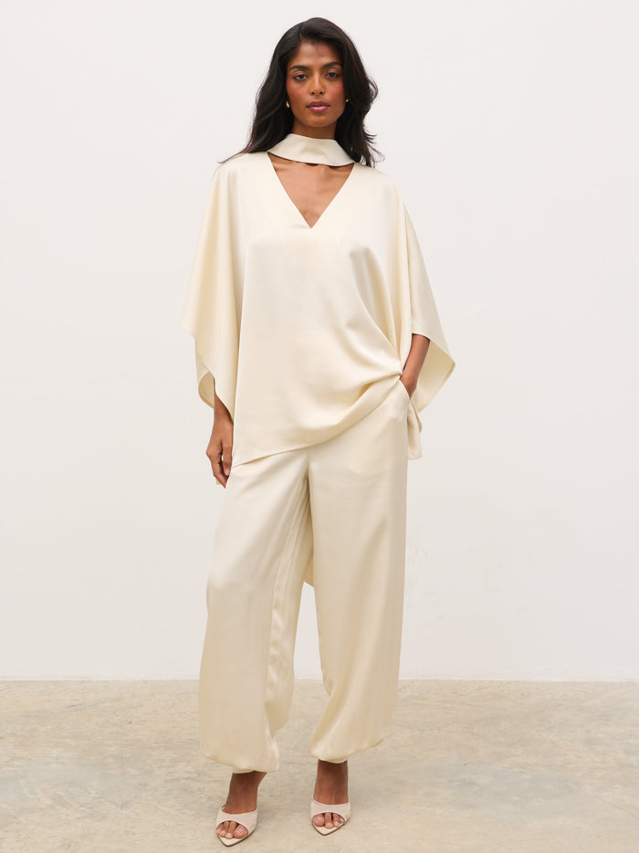 Kavita is 5'7" & Wears Size UK 6|Breya V-Neck Smock Top - Oyster