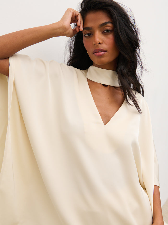 Kavita is 5'7" & Wears Size UK 6|Breya V-Neck Smock Top - Oyster