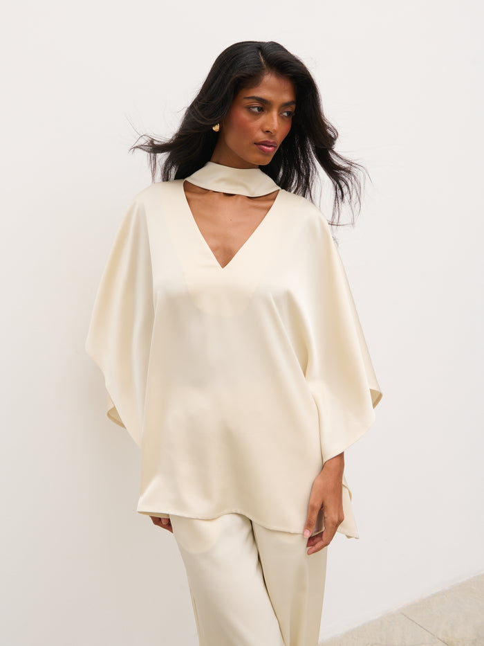 Kavita is 5'7" & Wears Size UK 6|Breya V-Neck Smock Top - Oyster