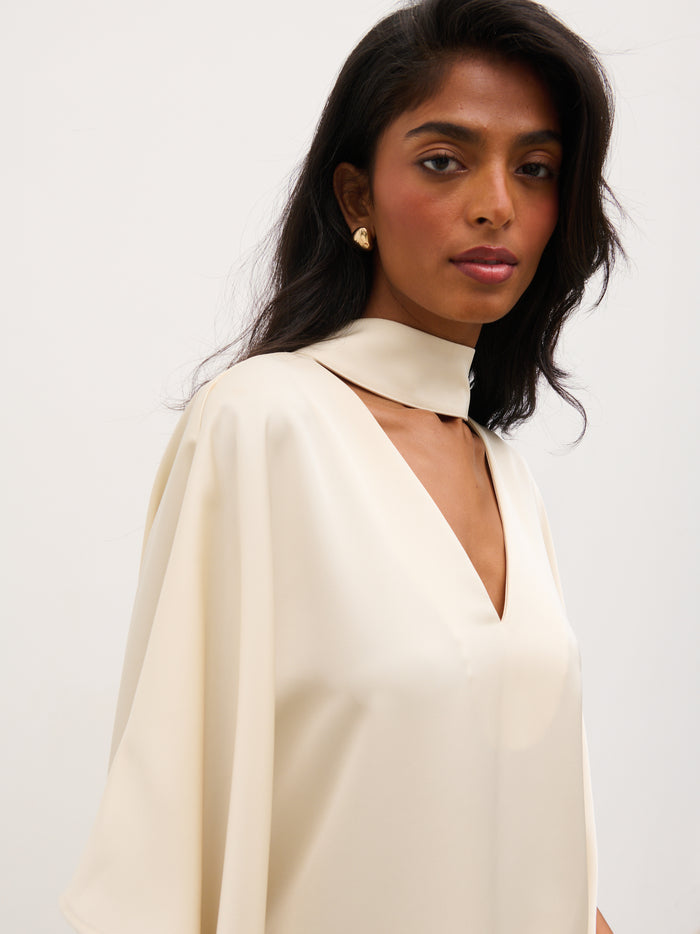 Kavita is 5'7" & Wears Size UK 6|Breya V-Neck Smock Top - Oyster
