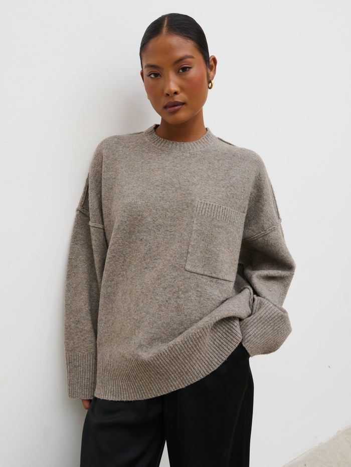 Elle Is 5'3" & Wears Size UK XS|Bronte Pocket Knit Jumper - Greige