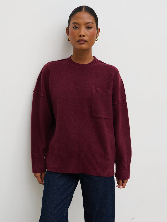 Elle Is 5'3" & Wears Size UK XS|Bronte Pocket Knit Jumper - Wine