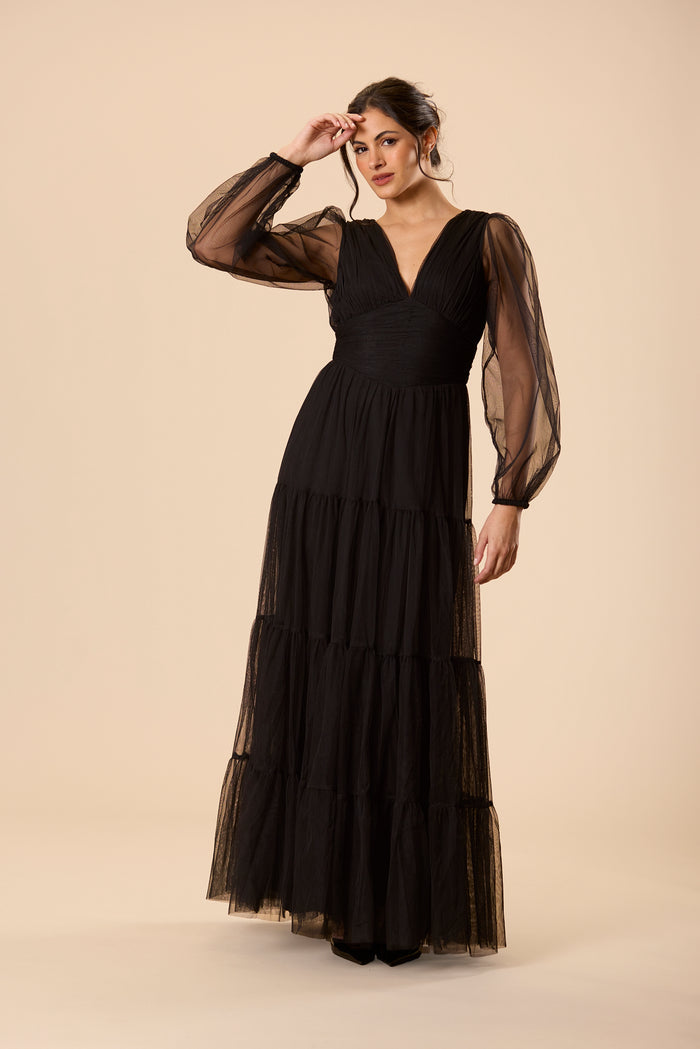 Bronte Tulle Long Sleeve Maxi Dress in Black