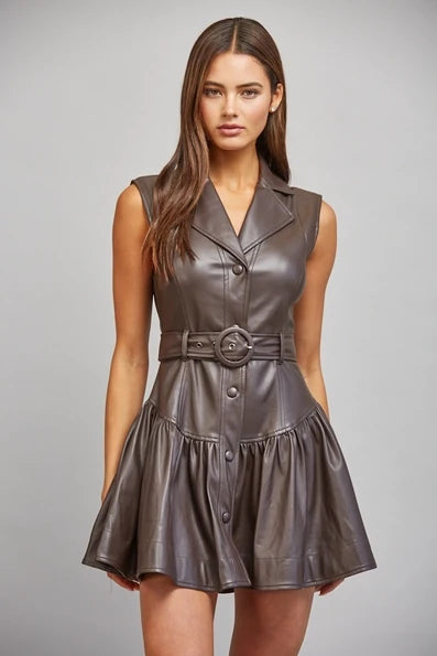 Brown faux leather sleeveless dress with a tailored collar, button front, waist belt, and flared drop-waist skirt.