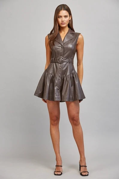 Brown Faux Leather Belted Drop Waist Dress - Born To Glam