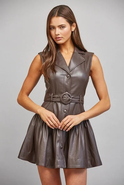 Brown Faux Leather Belted Drop Waist Dress - Born To Glam