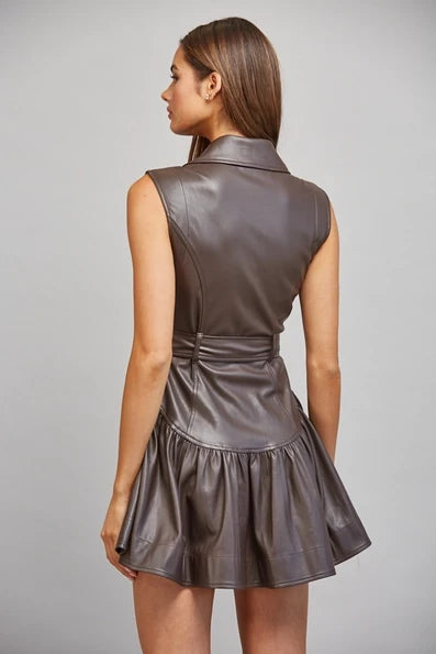 Brown Faux Leather Belted Drop Waist Dress - Born To Glam