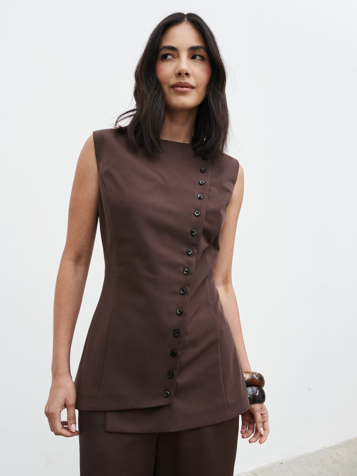 Veronica is 5'8" & Wears Size UK 6|Brylee Asymmetric Button Waistcoat - Brown
