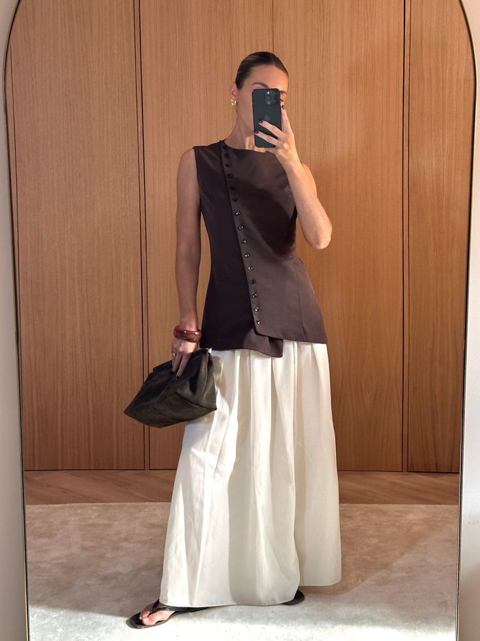 Veronica is 5'8" & Wears Size UK 6|Brylee Asymmetric Button Waistcoat - Brown