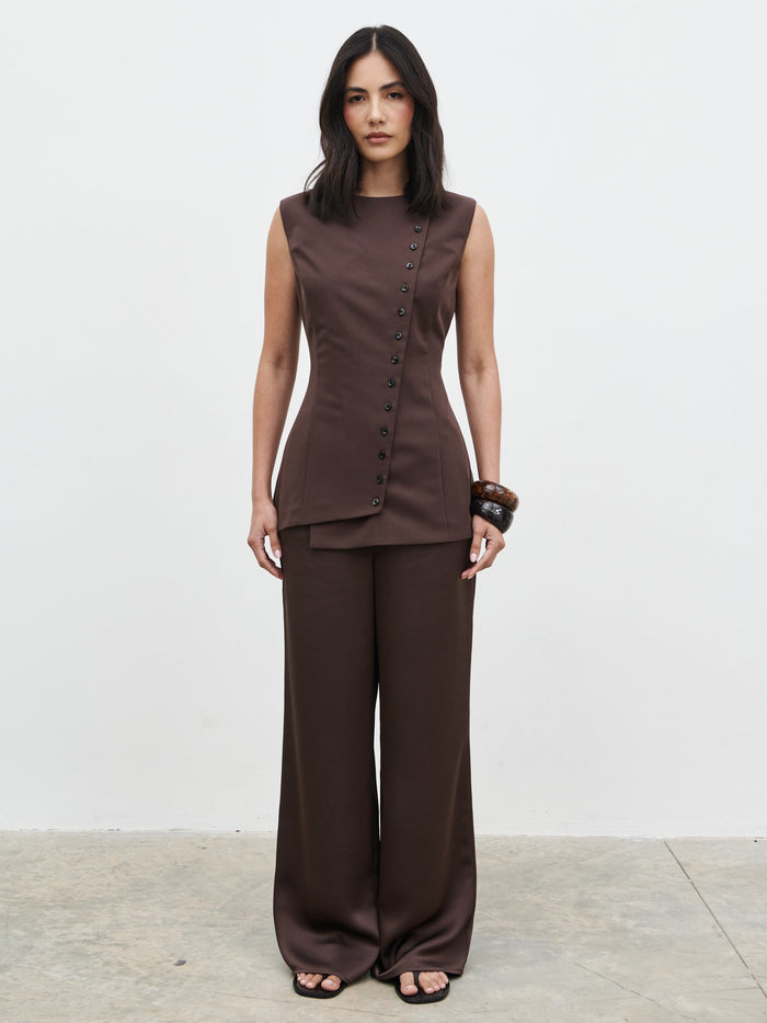 Veronica is 5'8" & Wears Size UK 6|Brylee Asymmetric Button Waistcoat - Brown