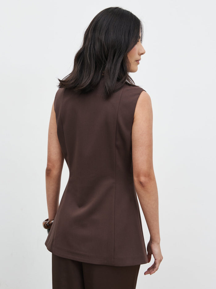 Veronica is 5'8" & Wears Size UK 6|Brylee Asymmetric Button Waistcoat - Brown