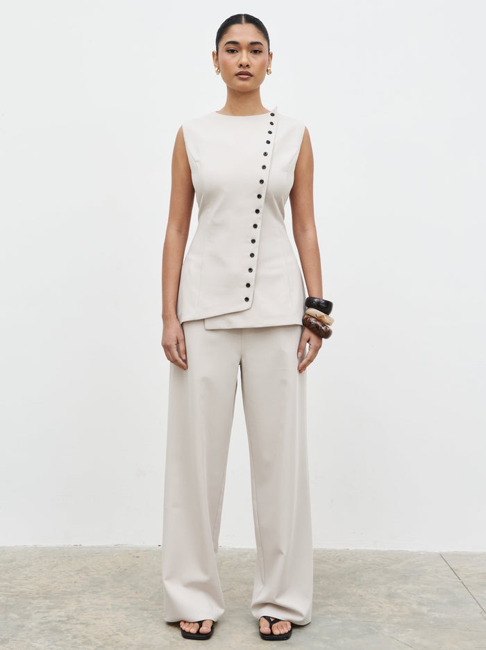 Candy Is 5'6" & Wears Size UK 8|Brylee Asymmetric Button Waistcoat - Stone