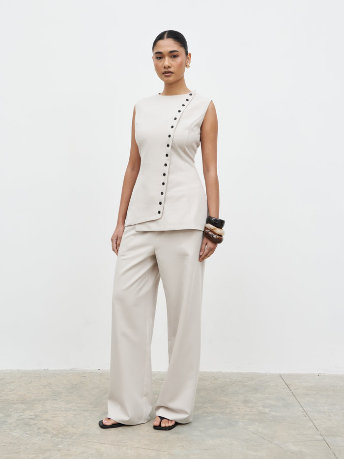 Candy Is 5'6" & Wears Size UK 8|Brylee Asymmetric Button Waistcoat - Stone
