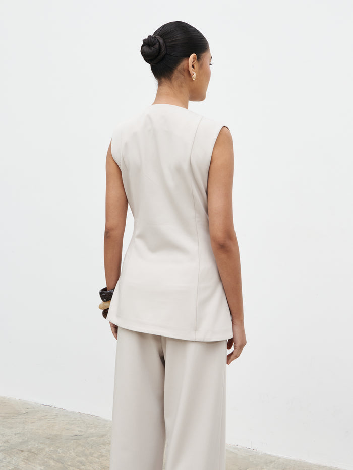 Candy Is 5'6" & Wears Size UK 8|Brylee Asymmetric Button Waistcoat - Stone