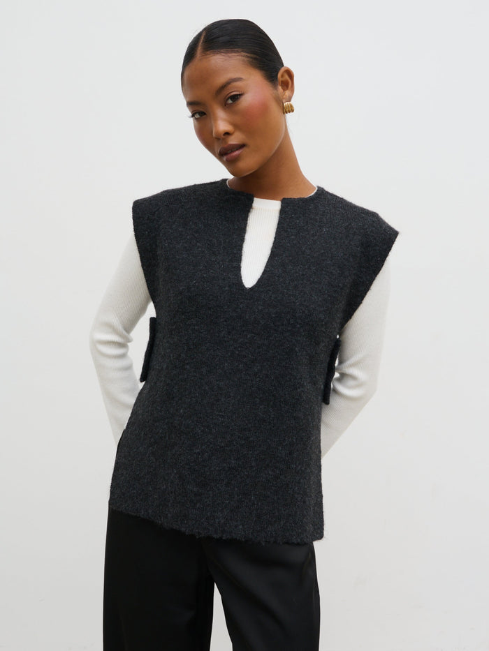 Elle Is 5'3" & Wears Size UK XS|Cadence Knit Tabbard Vest - Charcoal