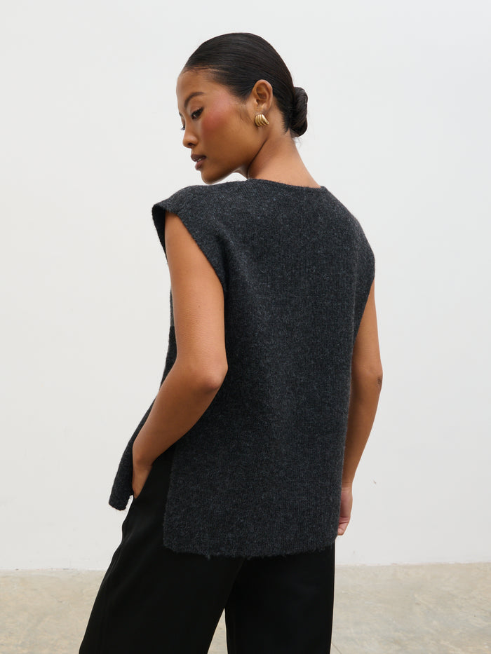 Elle Is 5'3" & Wears Size UK XS|Cadence Knit Tabbard Vest - Charcoal