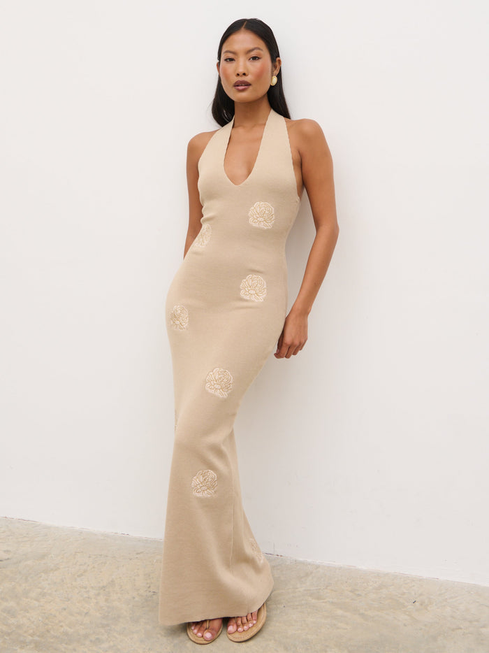 Montanna is 5'7" & Wears Size UK XS|Cady Intarsia Halterneck Knit Maxi Dress - Beige