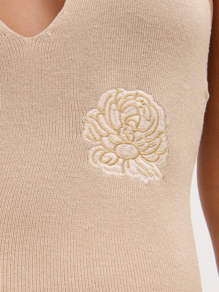Montanna is 5'7" & Wears Size UK XS|Cady Intarsia Halterneck Knit Maxi Dress - Beige
