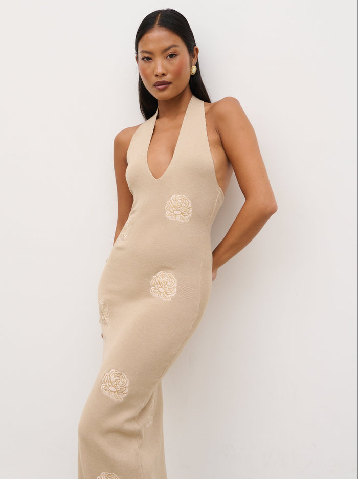 Montanna is 5'7" & Wears Size UK XS|Cady Intarsia Halterneck Knit Maxi Dress - Beige