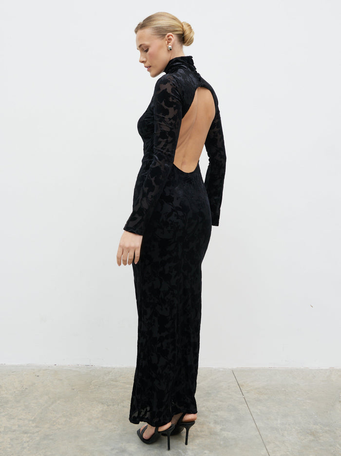 Harriet is 5'8" & Wears Size UK 8|Caitlin Flocked Backless Maxi Dress - Black