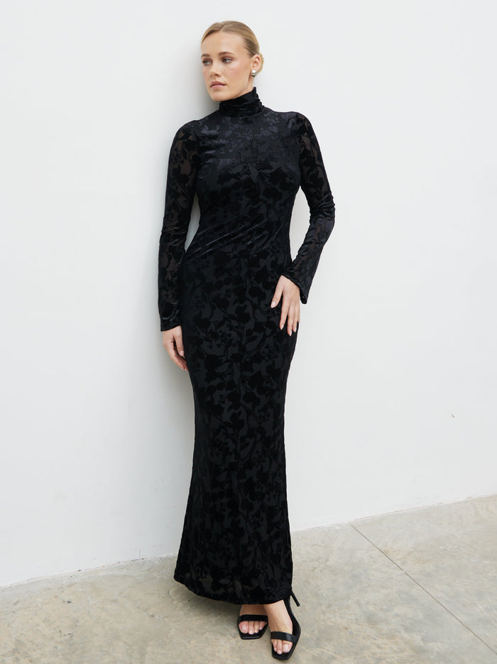 Harriet is 5'8" & Wears Size UK 8|Caitlin Flocked Backless Maxi Dress - Black
