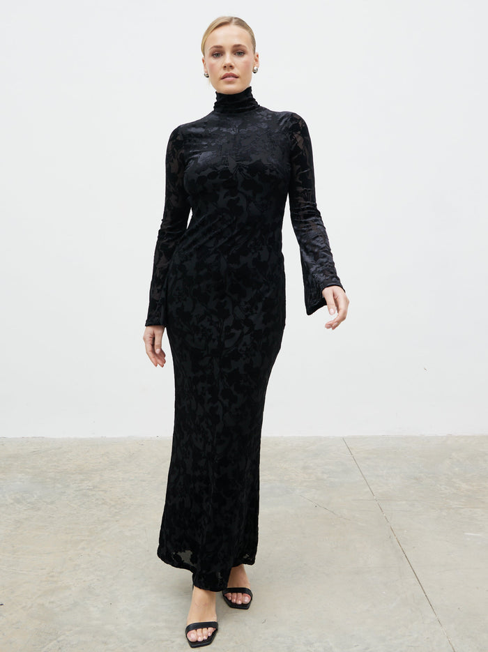 Harriet is 5'8" & Wears Size UK 8|Caitlin Flocked Backless Maxi Dress - Black
