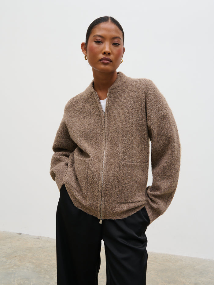 Elle Is 5'3" & Wears Size UK XS|Camille Boucle Knit Bomber - Mocha