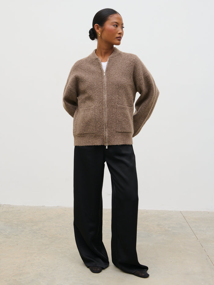 Elle Is 5'3" & Wears Size UK XS|Camille Boucle Knit Bomber - Mocha