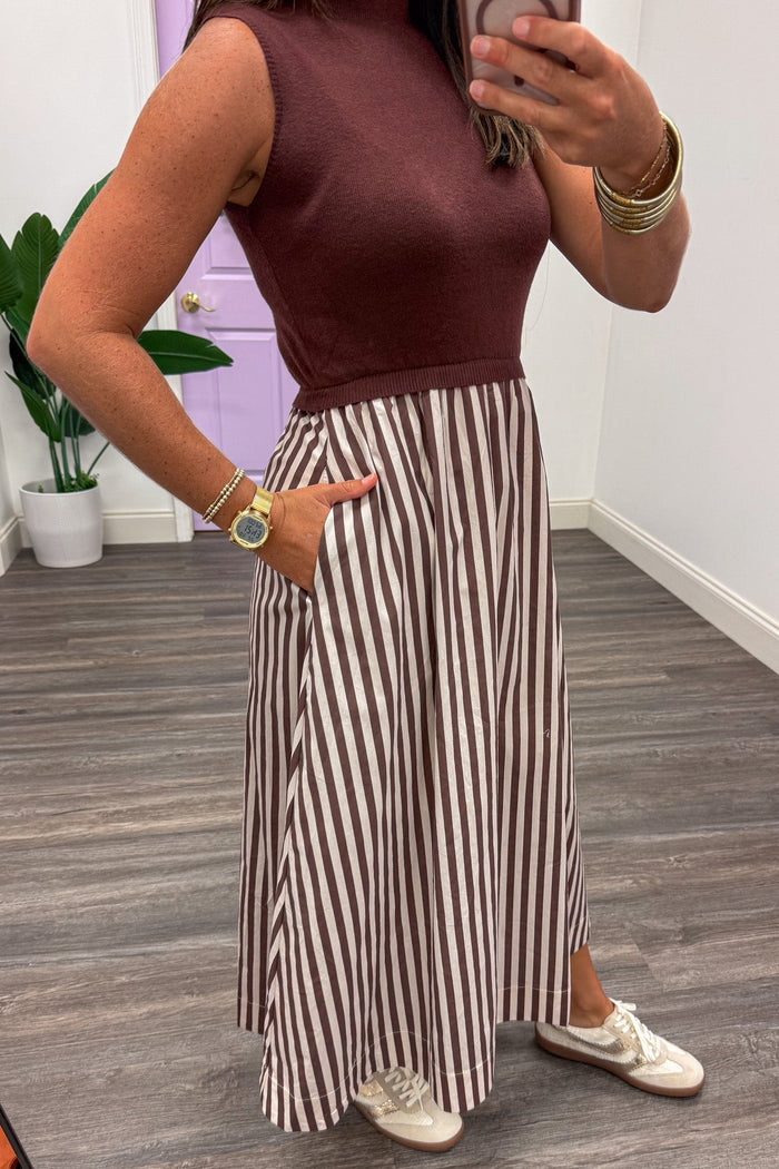 brown and ecru midi dress with sleeveless sweater top and striped side pocket woven skirt