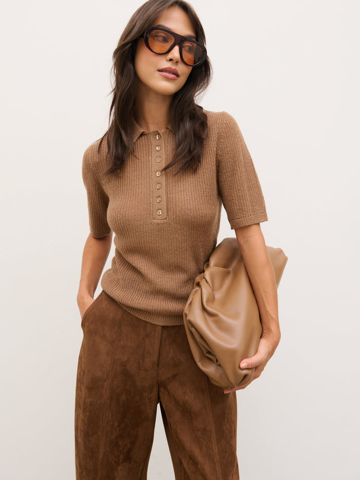 Anna is 5'6" & Wears Size UK XS|Ciara Lightweight Knit Polo Top - Tan