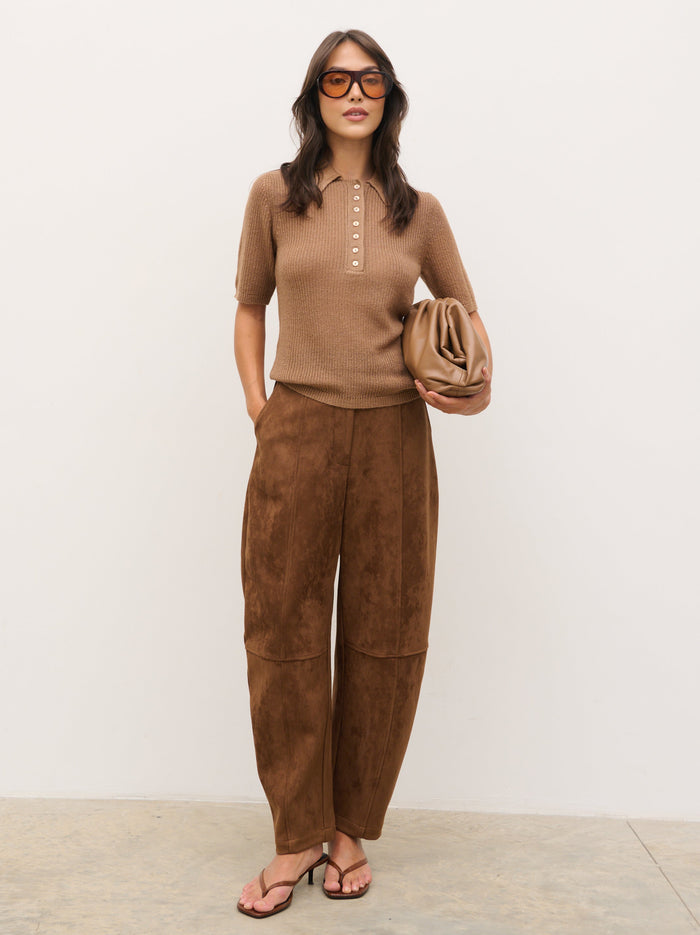 Anna is 5'6" & Wears Size UK XS|Ciara Lightweight Knit Polo Top - Tan