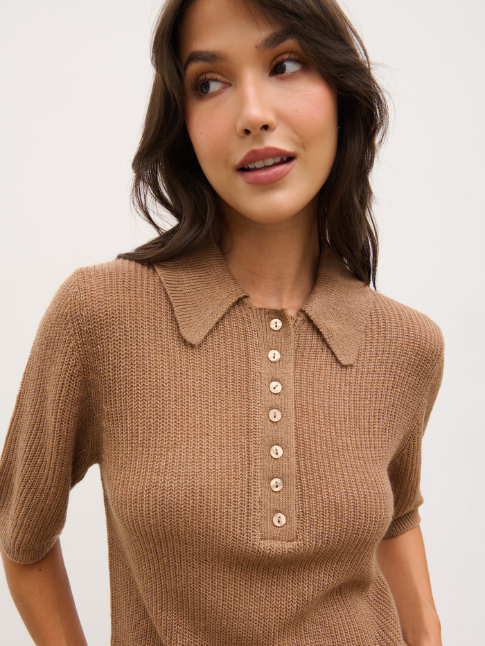Anna is 5'6" & Wears Size UK XS|Ciara Lightweight Knit Polo Top - Tan