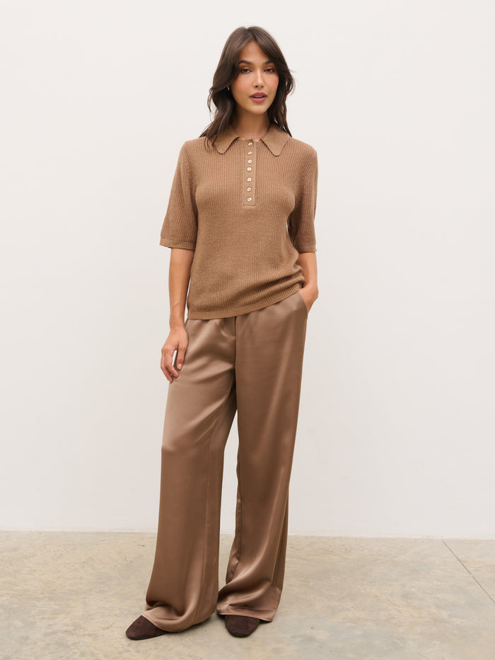 Anna is 5'6" & Wears Size UK XS|Ciara Lightweight Knit Polo Top - Tan