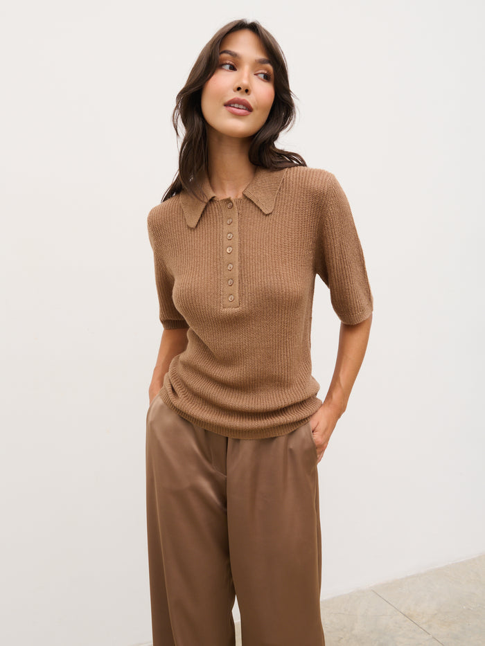 Anna is 5'6" & Wears Size UK XS|Ciara Lightweight Knit Polo Top - Tan