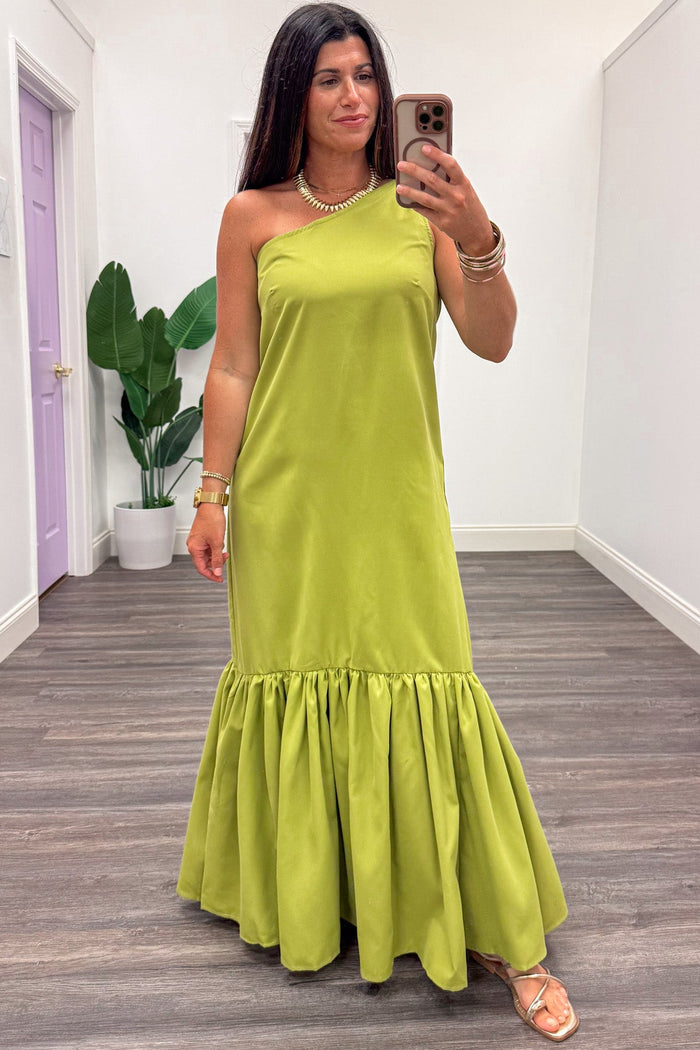 solid lime green sleeveless one shoulder ruffle hem relaxed silhouette maxi dress