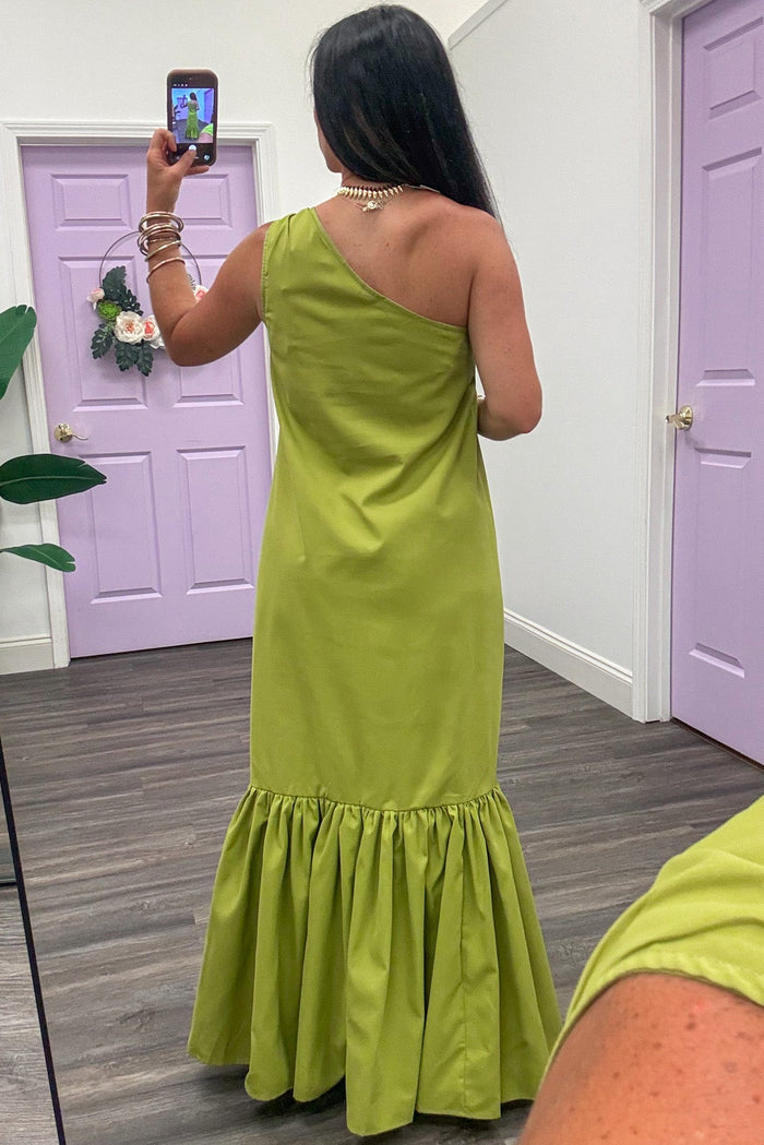 solid lime green sleeveless one shoulder neckline ruffle hem maxi dress