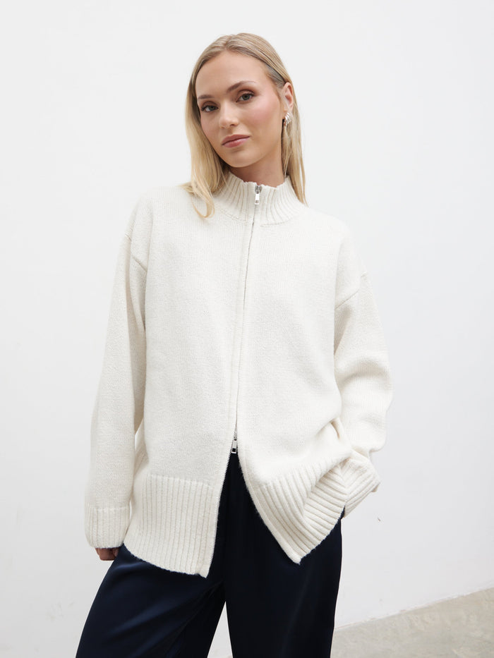 Honor is 5'4" & Wears Size UK S|Claudia Double Ended Zip Knit Cardigan - Cream