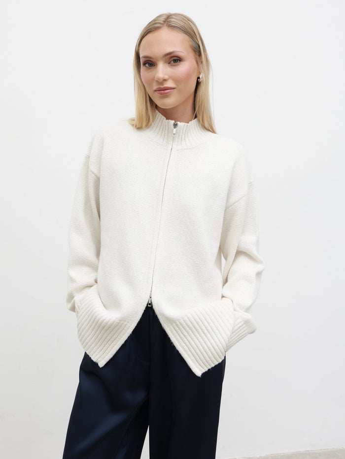 Honor is 5'4" & Wears Size UK S|Claudia Double Ended Zip Knit Cardigan - Cream