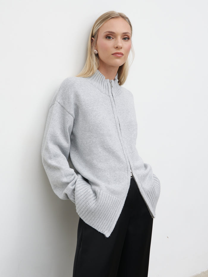 Honor is 5'4" & Wears Size UK S|Claudia Double Ended Zip Knit Cardigan - Light Grey