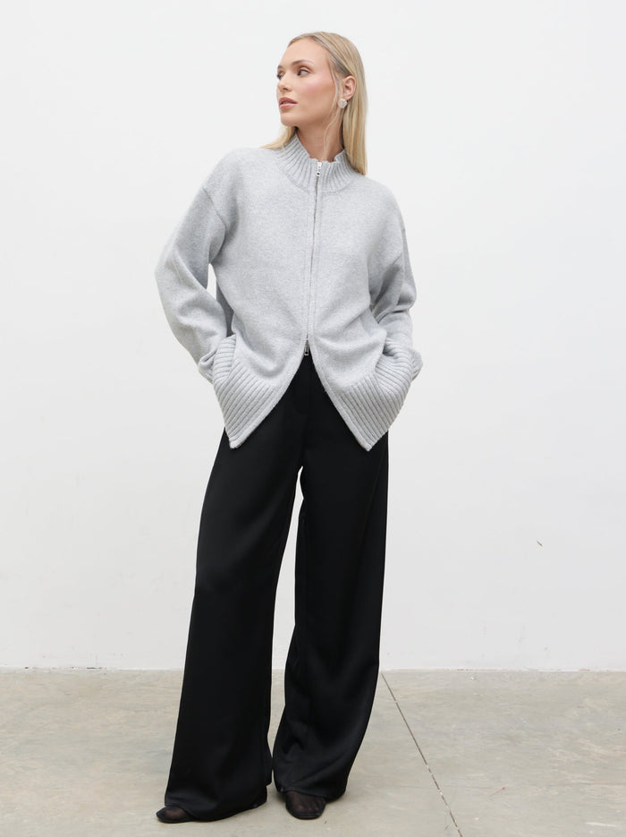Honor is 5'4" & Wears Size UK S|Claudia Double Ended Zip Knit Cardigan - Light Grey