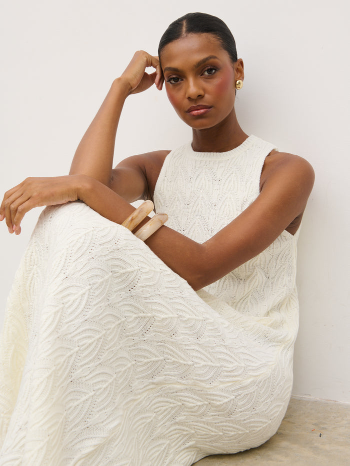 Montanna is 5'7" & Wears Size UK XS|Cleo Rustic Knit Midaxi Dress - Cream
