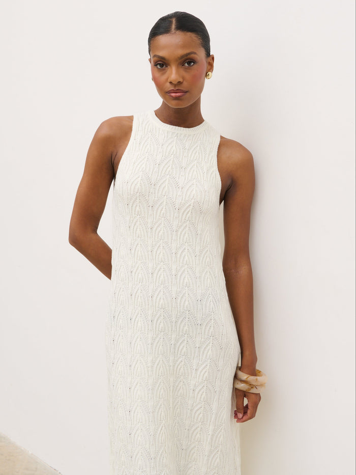 Montanna is 5'7" & Wears Size UK XS|Cleo Rustic Knit Midaxi Dress - Cream