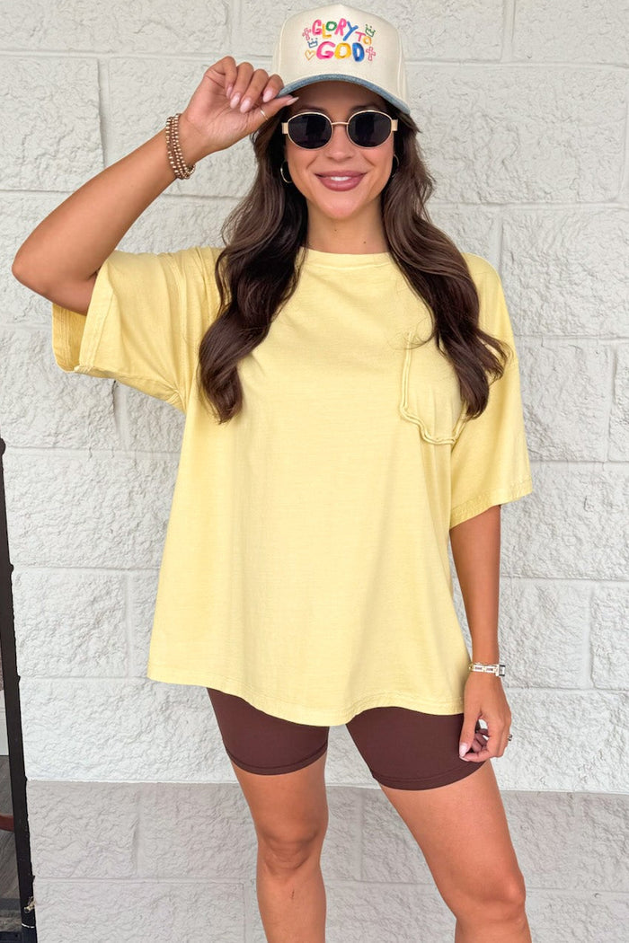 mineral washed light canary yellow reverse seam details oversized tee