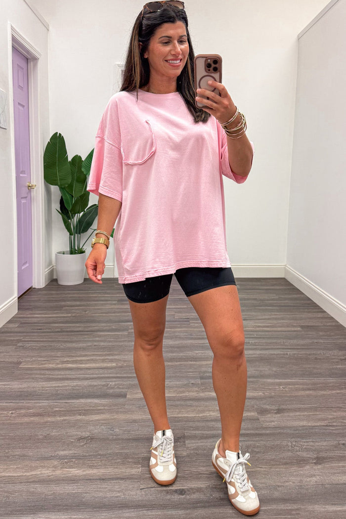 mineral washed light pink reverse seams drop shoulder short sleeve oversized fit cotton tee