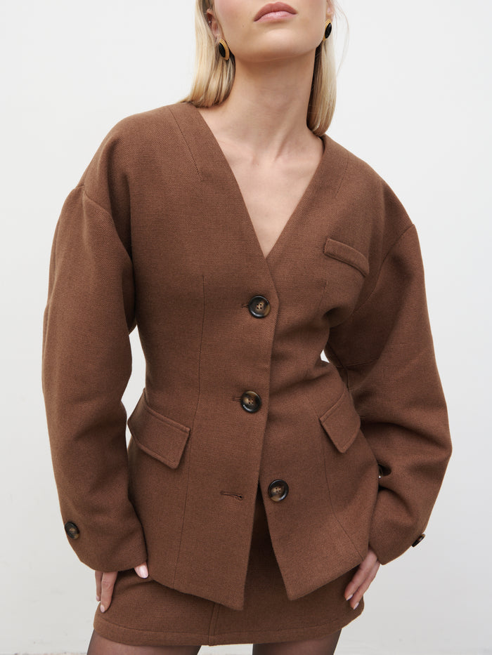 Honor is 5'4" & Wears Size UK S|Colby Collarless Jacket - Brown