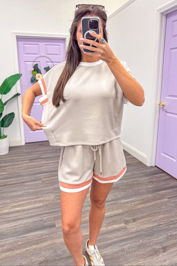 coral and white trimmed scuba knit oatmeal top relaxed silhouette