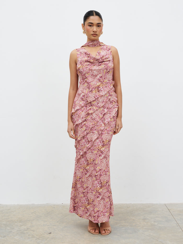 Candy Is 5'6" & Wears Size UK 8|Constance Scarf Ruffle Maxi Dress - Berry Multi Abstract